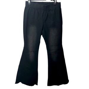 Pull on Flare Jeans Denim Sz 12 Black High Rise Ripped Knee Festival Boho Casual
